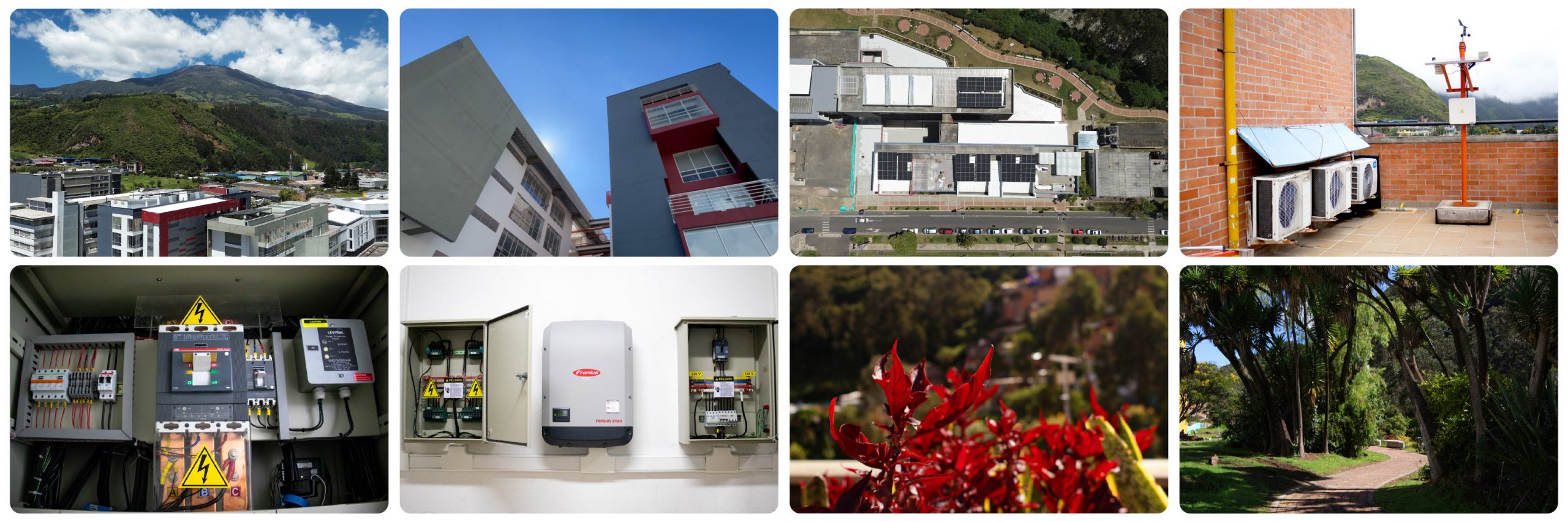 Galería de ocho fotos del proyecto: el volcán Galeras, edificios con paneles solares, una estación meteorológica, tableros e inversores, y jardines del campus