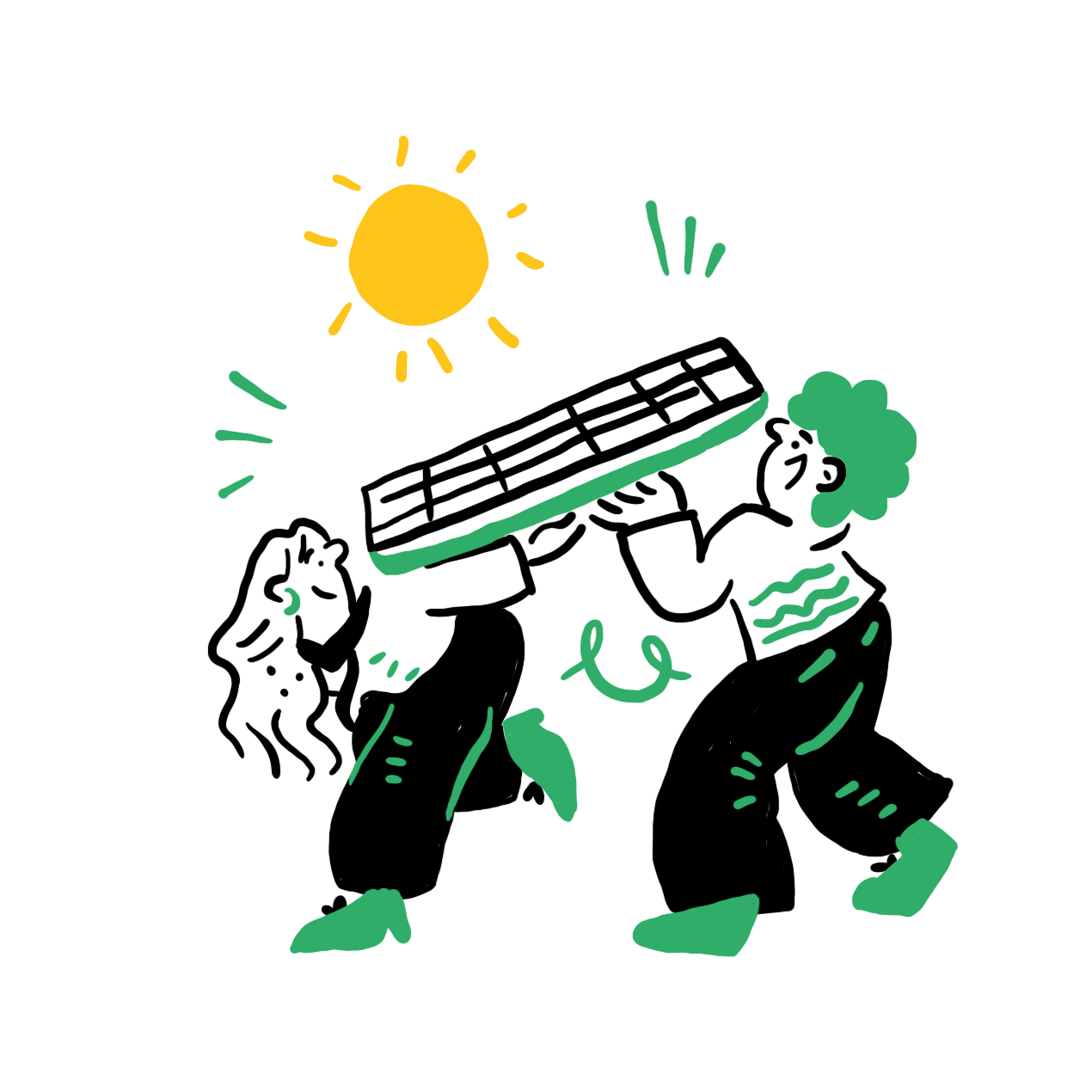 Dos personas cargan un panel solar bajo el sol